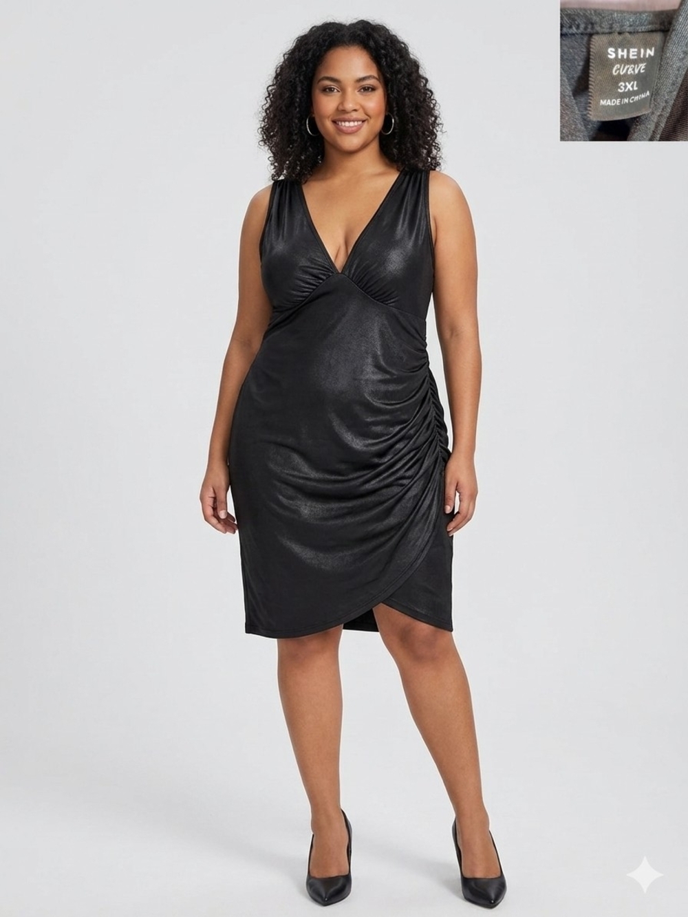 Shein Curve Black Ruched Bodycon Midi Dress Plus Size 3XL Deep V-Neck UVGC